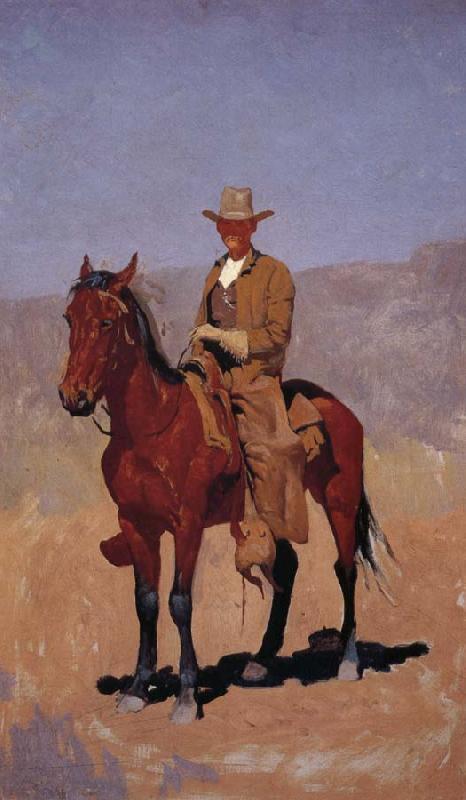 Frederic Remington Mounted Cowboy in Chaps with Bay Horse oil painting image